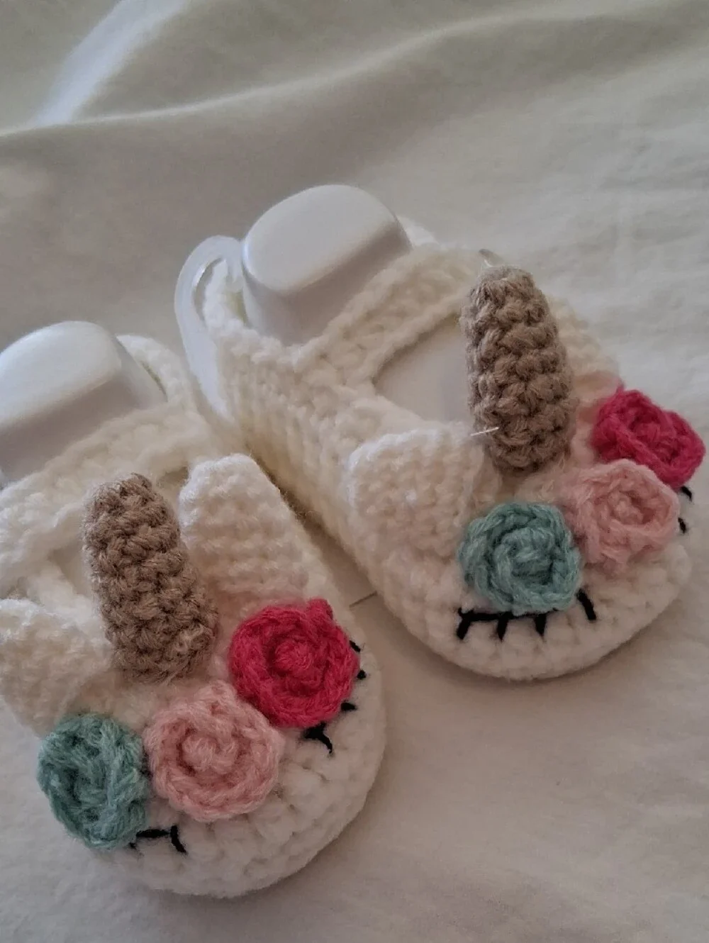 Handmade White Unicorn Crochet Baby Shoes with Pink &Mint Flowers Baby Girl(0-6M